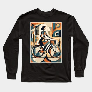 A Woman and a Bicycle 001 - Cubo-Futurism Style Long Sleeve T-Shirt